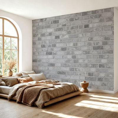 Wall Mural Peel and Stick Wallpaper Grey white old brick wall Self-Adhesive Removable Contact Paper Wall Decor for Living Room Bedroom 69"H x 96"W