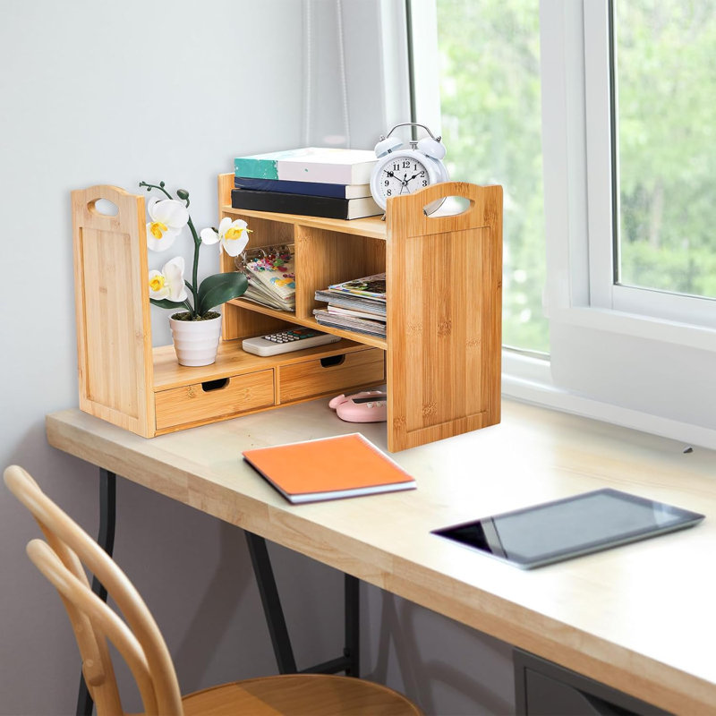 Bibliothèque de bureau en bambou, bibliothèque de comptoir extensible, étagère de rangement avec tablettes antidérapantes, joli petit casier de présentation pour fournitures de bureau, aucun assemblage requis