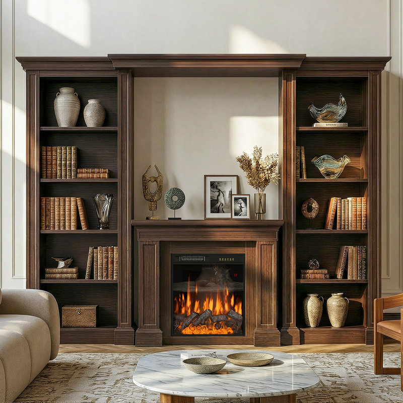 115.5'' W Electric Fireplace With 10-shelf Wood Mantel Surround, Brown
