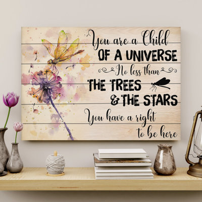 Libellule et pissenlit - "You are a Child of a Universe", toile tendue avec châssis - pour décoration familiale, jaune et rose