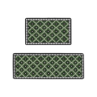 Tapis de cuisine vert à carreaux marocains pour cuisine et salle de bain, ensemble de 2 pièces vert noir