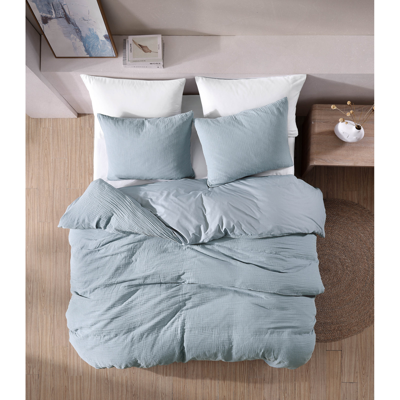Cotton Bedding Set, Queen Comforter + 2 Standard Shams, Light Blue