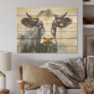 Handsome Black Adn White Cattle Portrait - Cattle Wood Wall Art On Natural Pine Wood