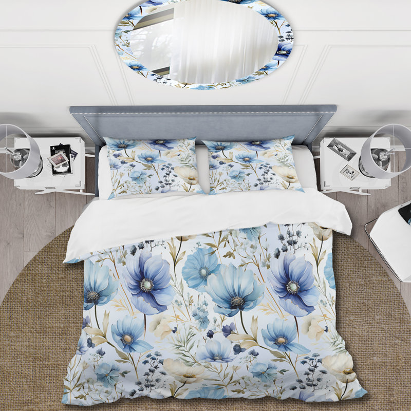 Blue Serene Watercolor Floral Canvas - Ensemble de housse de couette floral, Housse de couette pour très grand lit et 2 très