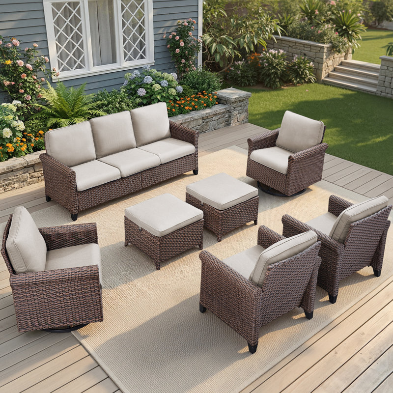 7-Piece Outdoor Wicker Conversation Set with Sofa, Swivel Chairs and Ottomans, Beige