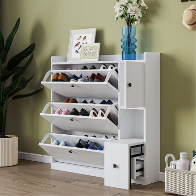 Versatile Tipping Bucket Shoe Cabinet With 3 Flip Drawers, Maximum Storage Entryway Organizer With Drawer, Free Standing Shoe Rack With Pull-Down Seat For Hallway, White