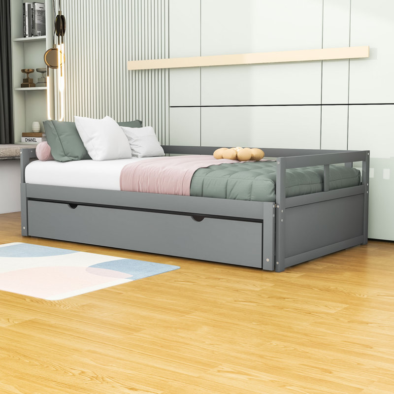 Twin-to-King Wood Daybed with Pull-Out Twin Trundle and Strong Frame, Grey