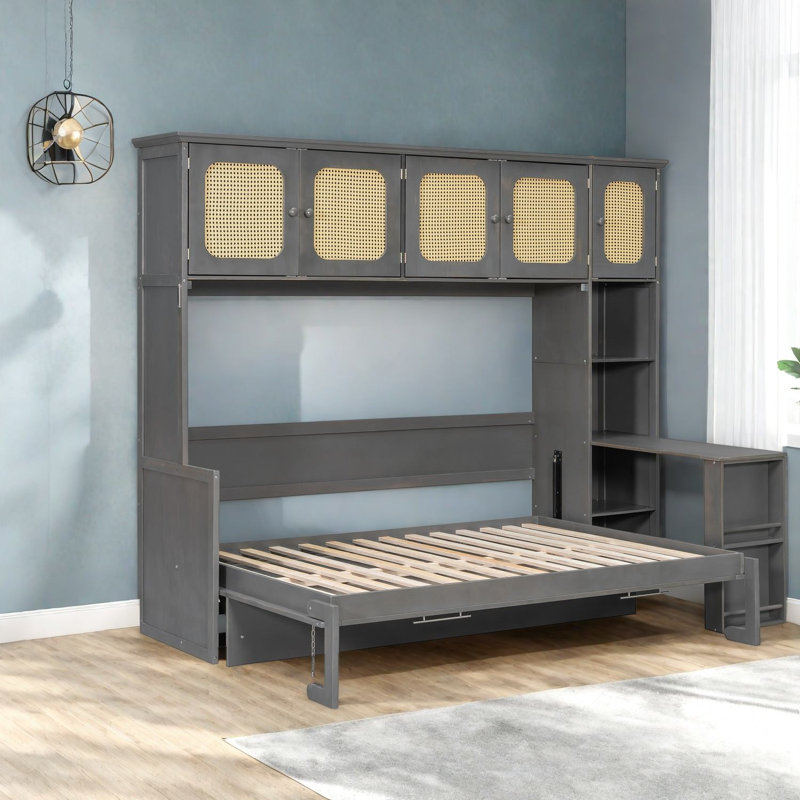 Lit double compact avec rangement, lit escamotable moderne en bois et panneau de fibres à densité moyenne pour la maison