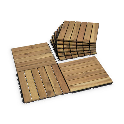Acacia Wood 6-Slat Interlocking Deck Tiles (Set of 27)