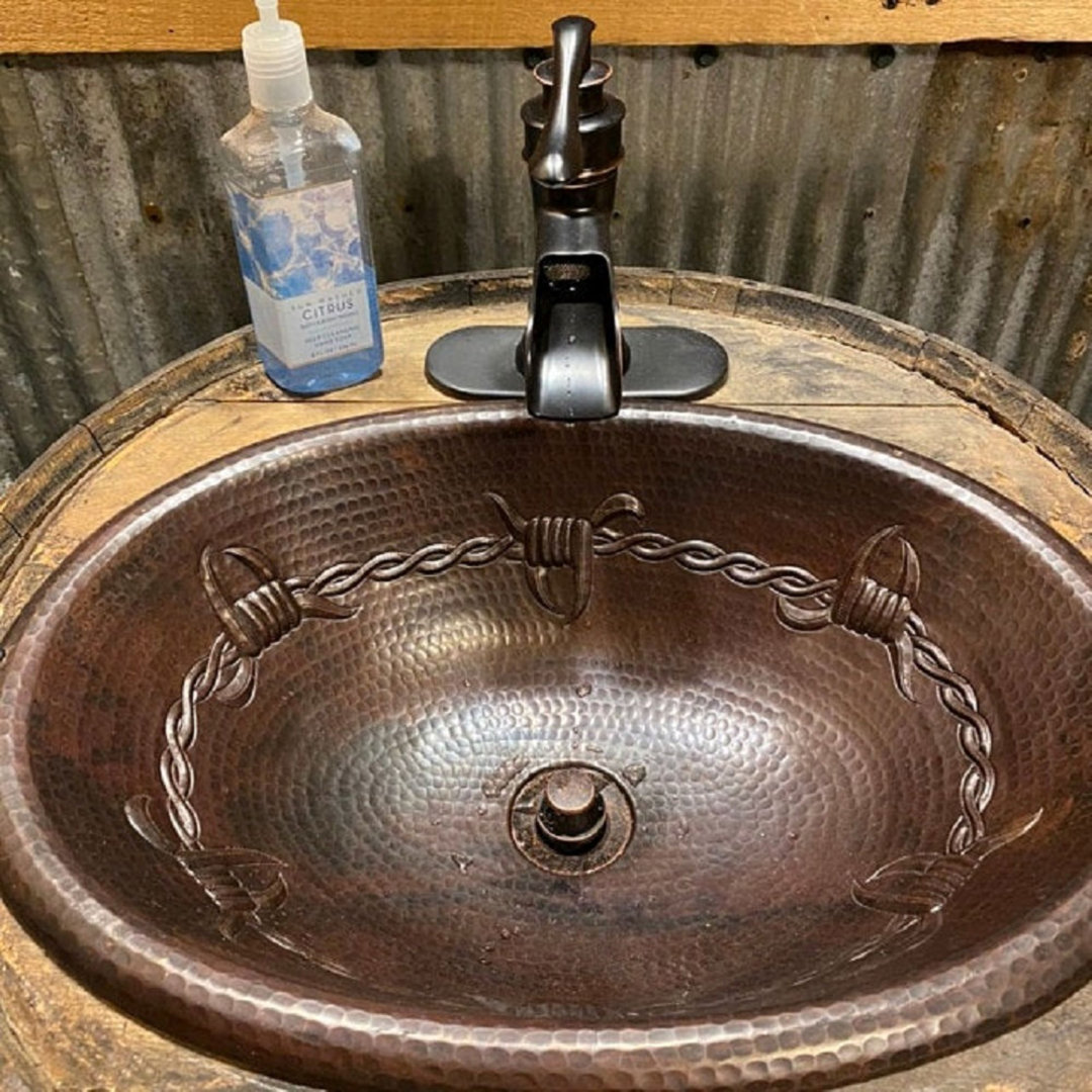 19" Oval Copper Drop-In Bathroom Sink Barbed Wire Design with L&T Drain SimplyCopper