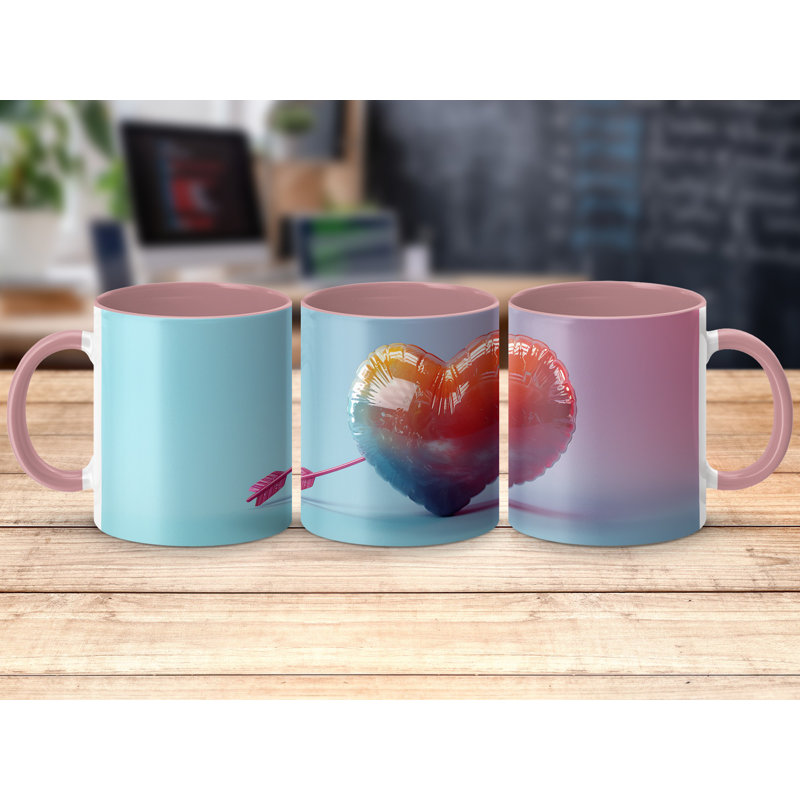 Set of 2 3D Design 11oz Accent Mugs – Ceramic Coffee Cups with a Pink Handle and Interior