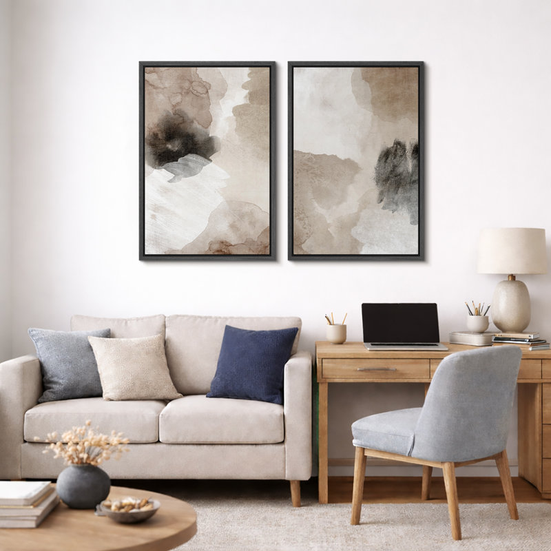 Grunge Abstract Paint Stroke Effect "Tan Brown Abstract Artwork, Modern Neutral Minimal Wall Pictures, Framed Canvas Giclée Print 2 Pieces Wall Art" 16x24x2 pcs, 24x36x2 pcs
