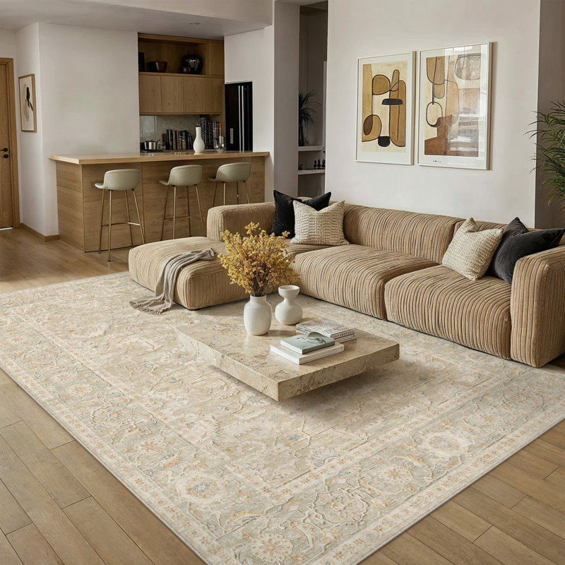 Tapis oriental lavable rétro Aurea avec envers antidérapant, Beige, Rectangle 9 pi x 12 pi