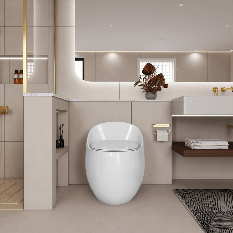 Toilette monobloc en forme d'œuf avec siège à fermeture rapide 1,28 GPF, porcelaine sans soudure avec glacis multicouche, chasse silencieuse, blanc brillant