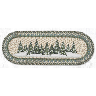 Earth Rugs Holiday Village Trees Oval Table Runner 36" H Braided Jute Hand-Stenciled Runner For Indoor Decor