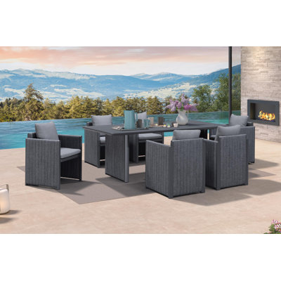  Patio Dining Set All-weather Modern Outdoor Rectangular Aluminum Dining Table And Chairs With Olefin Cushions Pillows For Garden Backyard Kitchen Grey