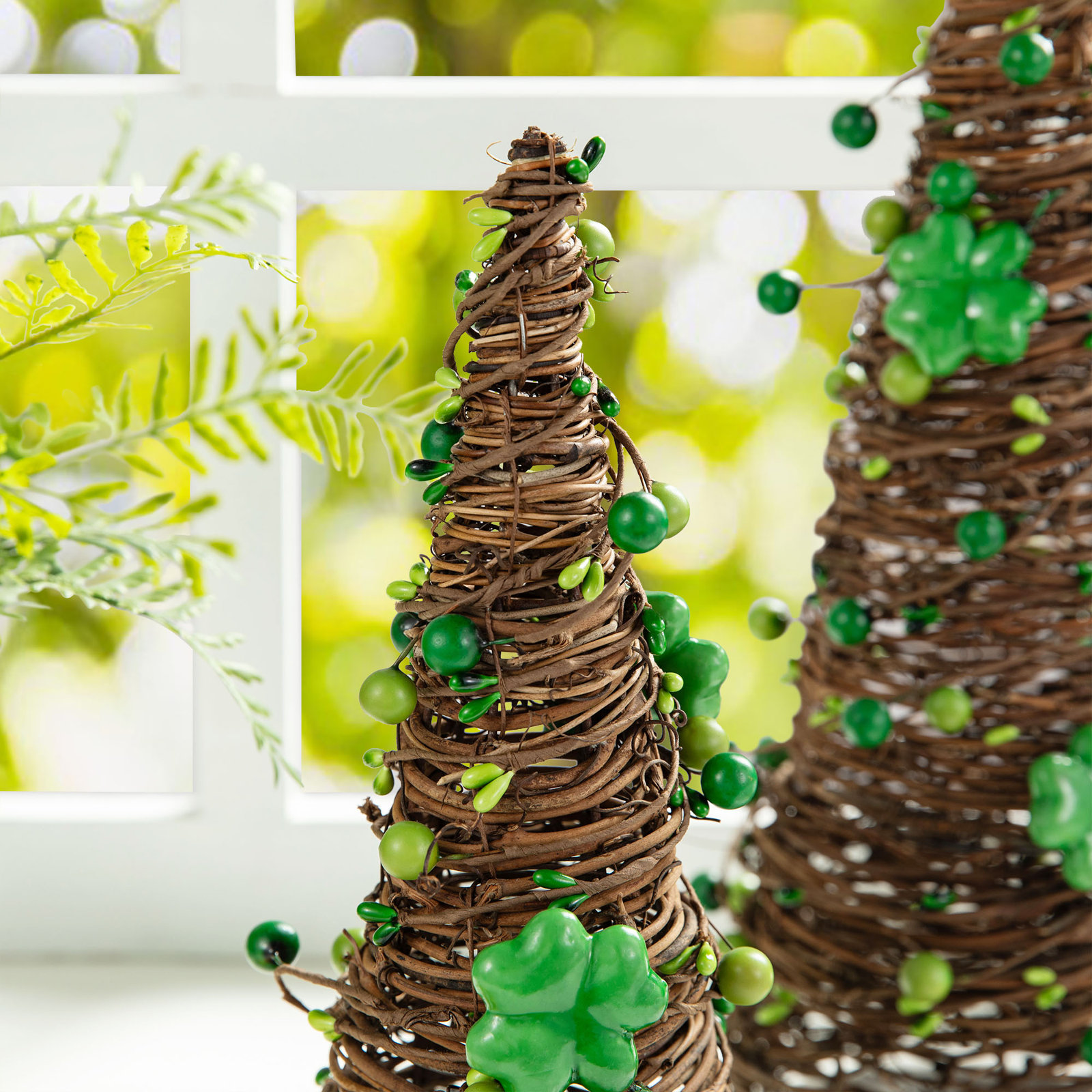 16"H Set Of 2 St. Patrick's Rattan Shamrock And Berries Table Tree