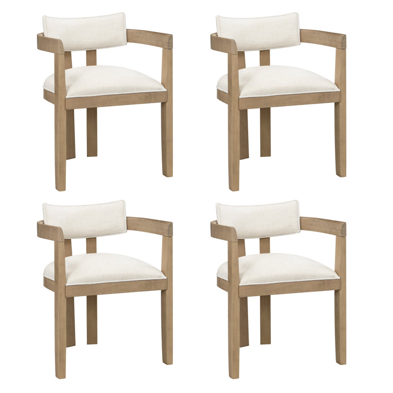 Linen Upholstered Armchair in Beige, 4, Natural Wood