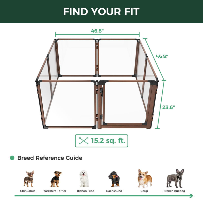 Parc pour chien d'intérieur en métal et en acrylique FXW Auraspace Pro, conception robuste en acrylique transparent, hauteur 24 po, 8 panneaux pour chiots et petits chiens, noyer