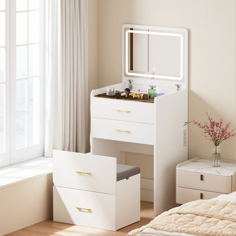 Meuble-lavabo de 23,6 po de largeur avec comptoir éclairé, tabouret de rangement, bureau de coiffeuse 3 en 1 avec verre visible, lumière DEL et prise de courant