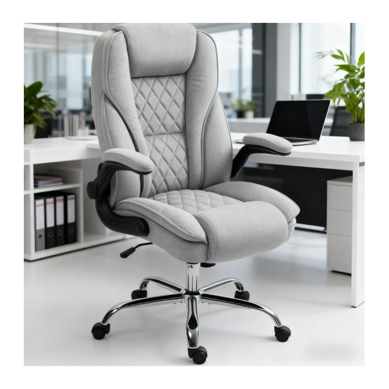 Chaise de bureau ergonomique à haut dossier avec revêtement en velours et hauteur réglable, gris