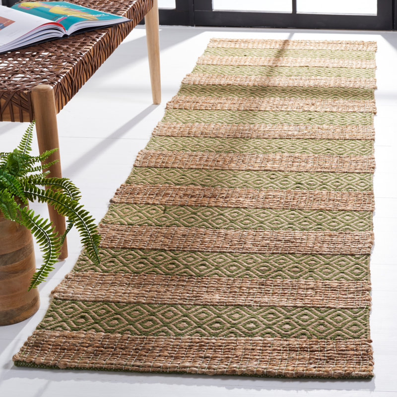 Tapis vert / naturel tissé à plat à motif géométrique Sottile, Tapis de couloir 2 pi 3 po x 8 pi