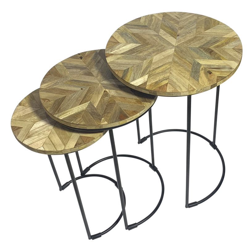 Tables gigognes 3 pièces modernes beige avec un design compact et peu encombrant, Incrustation naturelle, Noir