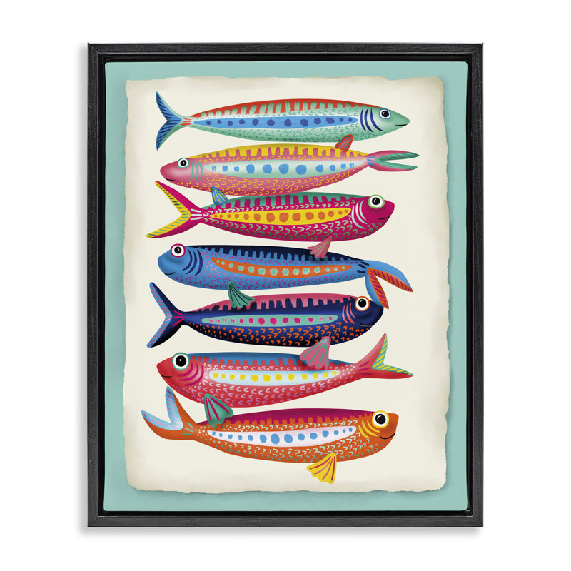  Art mural sur toile de sardines multicolores par Darlene Seale, Cadre flottant noir de jais, H 21 po x l 17 po