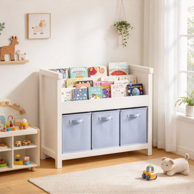 Kids Toy Storage Cabinet with Front-Facing Bookshelf and 3 Removable Fabric Bins, Wooden Children Book Organizer, Toy Chest for Nursery, Kids Bedroom, Playroom