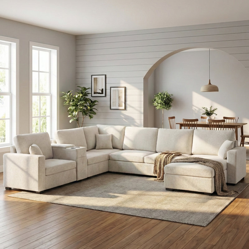 Spacious 5-seater Sectional Sofa With Storage, Chenille Beige, Modern Family Living