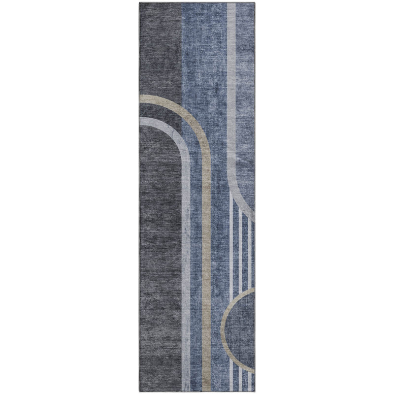 Premium Machine Washable Cerrito AMF532 Navy Rug, Runner 2'3" x 7'6"