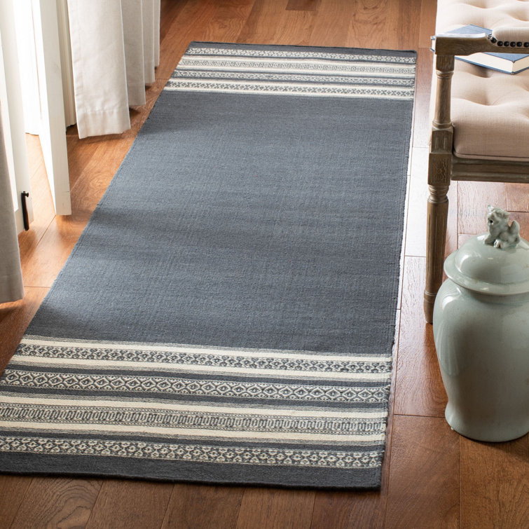 Rodgers Hand Woven Flat Weave Wool/Cotton Striped Rug in Dark Gray