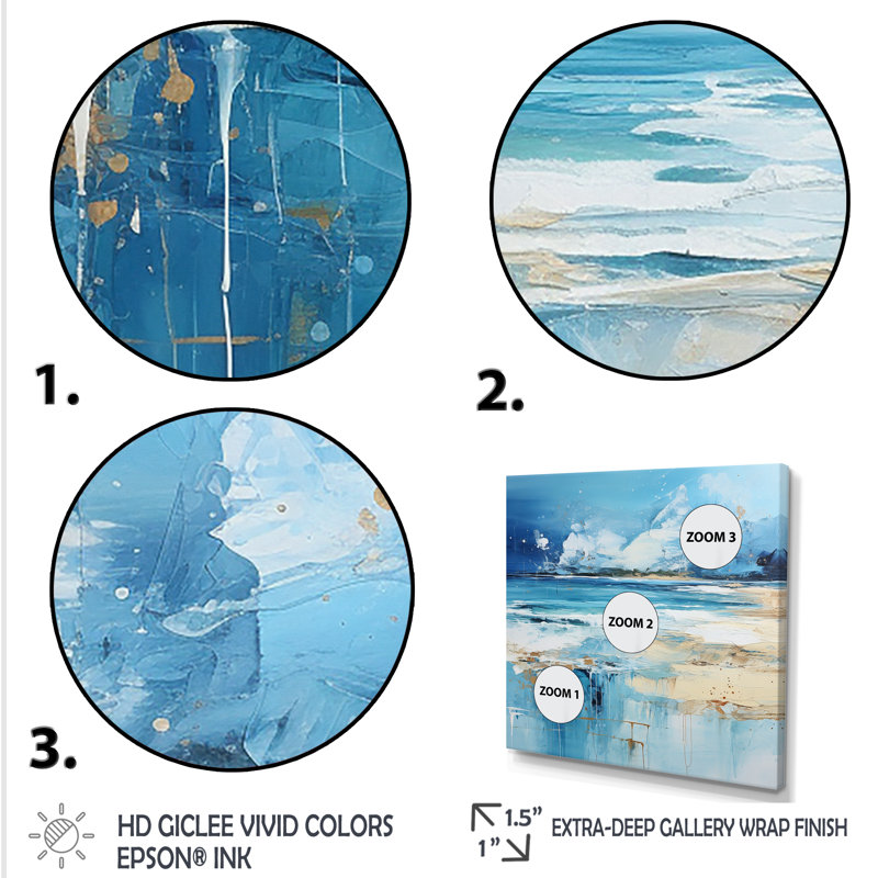 «Blue and beige Tranquility beach II - Coastal Minimalisme», art mural, Cadre flottant blanc, H 16 po x l 16 po x P 1 po