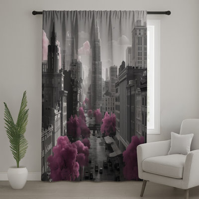 Rideaux de fenêtre rose, arbres de ville et voilages occultants - 1 panneau
