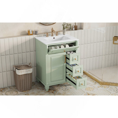 Meuble-lavabo de 24 po avec lavabo, meuble-lavabo autoportant vert avec tiroir rabattable, 3 tiroirs et armoire de rangement, bois massif et panneau de fibres à densité moyenne, plateau de lavabo en céramique