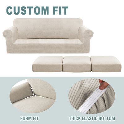 Machine Washable Sofa Slipcover Armchair Cover Rich Textured High Spandex Small Checks Knitted Jacquard Sofa Slipcover with Cushion Covers
