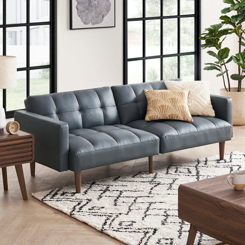 Reiana Twin 76.8'' Faux Leather Convertible Sofa, Cloud Gray Faux Leather
