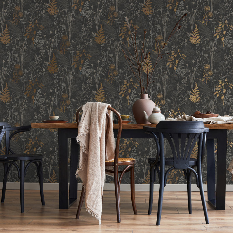 Zen Floral Metallic Wallpaper Double Roll, Black/Copper