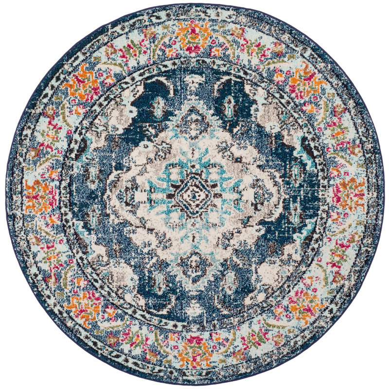 Tapis oriental Almyra, Rond 8 pi, Vert forêt / bleu clair