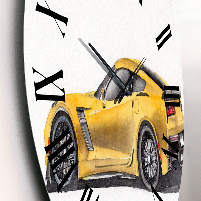 Horloge murale jaune avec voiture de sport jaune et son ombre I, Petit