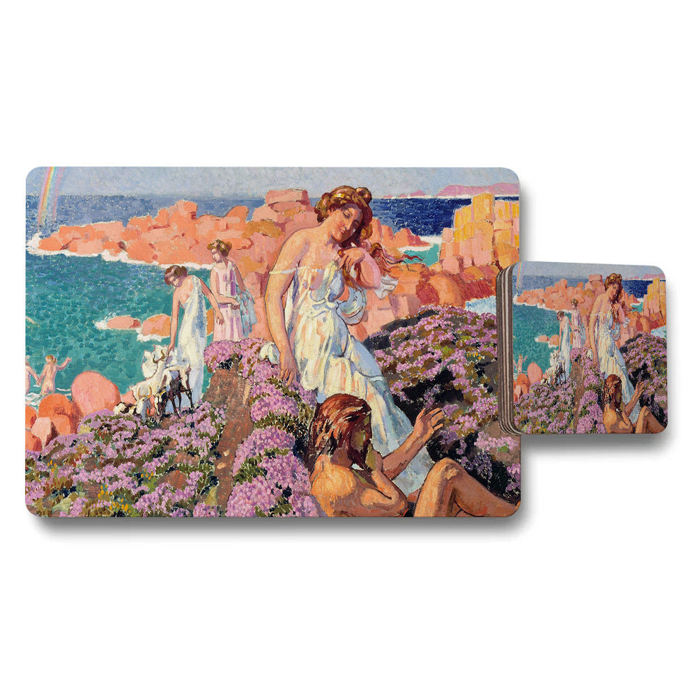 Placemat And Coaster Set Featuring Impressionist Seaside Garden Scene