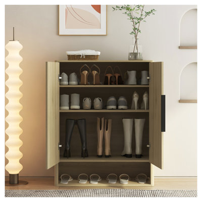 Armoire de rangement pour chaussures en bois avec portes, organisateur de vestibule de 34,6 pouces, support à chaussures en panneau de particules pour couloir et vestibule, finition bois