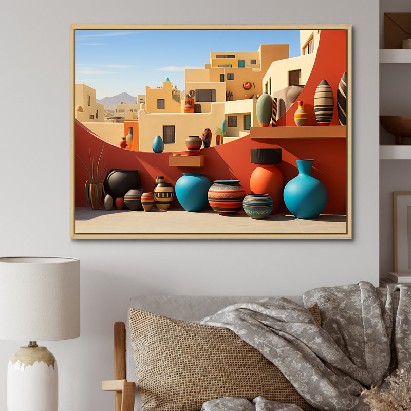 Art mural rouge, formation de poterie rouge cubiste, Cadre flottant brun, H 16 po x l 32 po x P 1 po