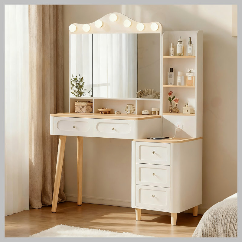 Vanity Desk with Mirror and Lights,Makeup Vanity with 2 USB Power Strip,Vanity Set with Two Drawers and Three-drawer Chest, 3 Lighting Modes Adjustable Brightness, Foldable Three-sided Mirror(White)