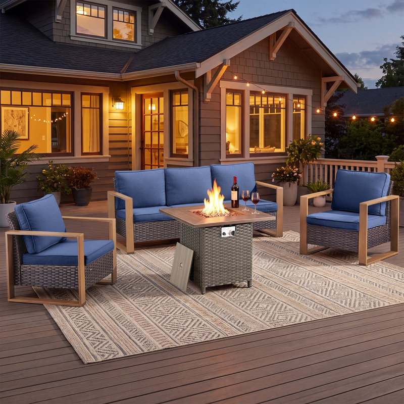Ensemble de canapés de patio 4 pièces en osier gris avec table foyer carrée et assises profondes., Gray, Gray