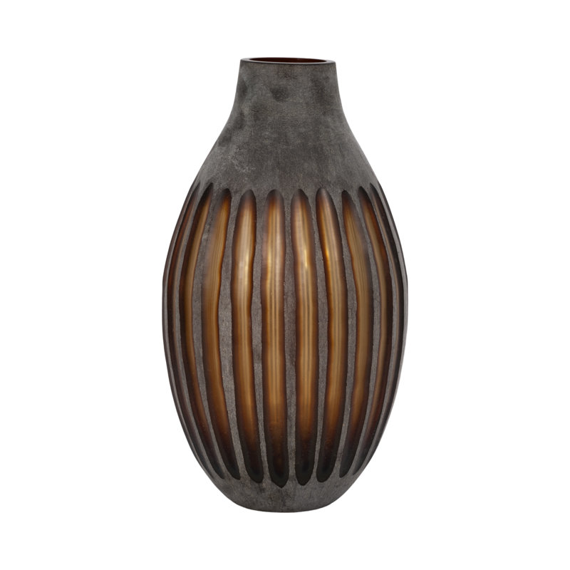 Decorative Ribbed Glass Flower Vase for Home Decor - Tall Oval Table Vase with Sculptural Slatted Design for Living Room Display - Gray