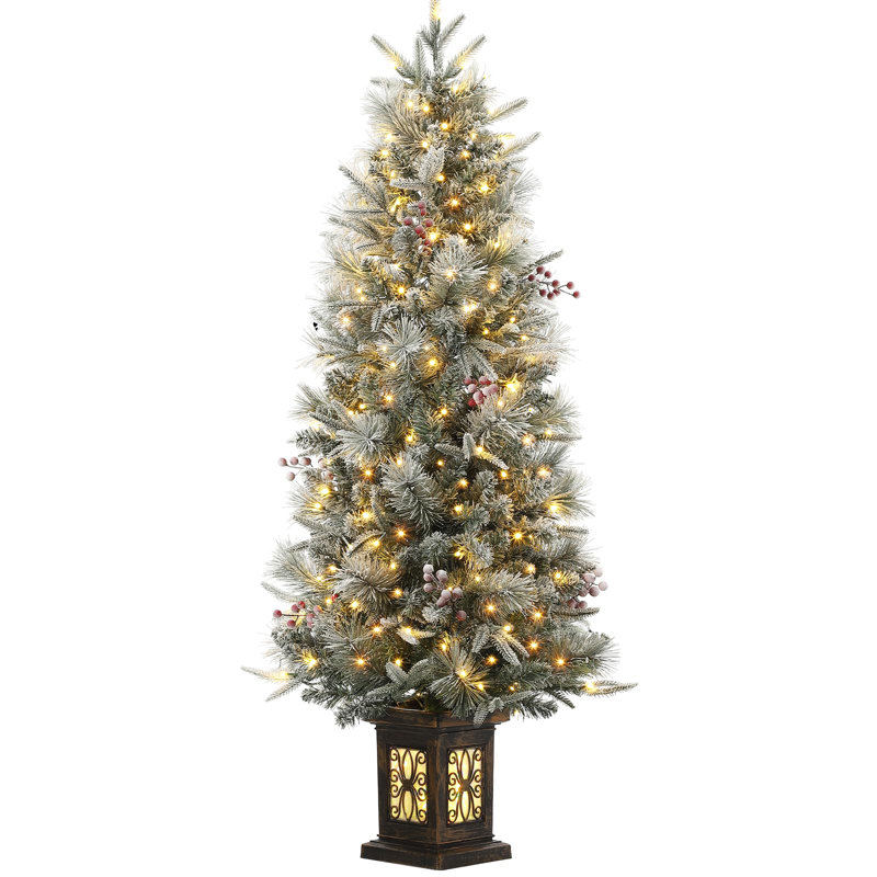 Christmas Tree-Fat Tree Body Contains 4.5Fth Potted Tree 200 Lights, 8-Mode, Frost Blossom Cedar, 4 Red Fruits, Nine-Headed Bird Light Box Base