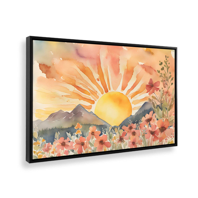 Fleurs et lueur du lever du soleil , Cadre flottant noir satiné, H 20,75 po x l 30,75 po x P 1,75 po, 1