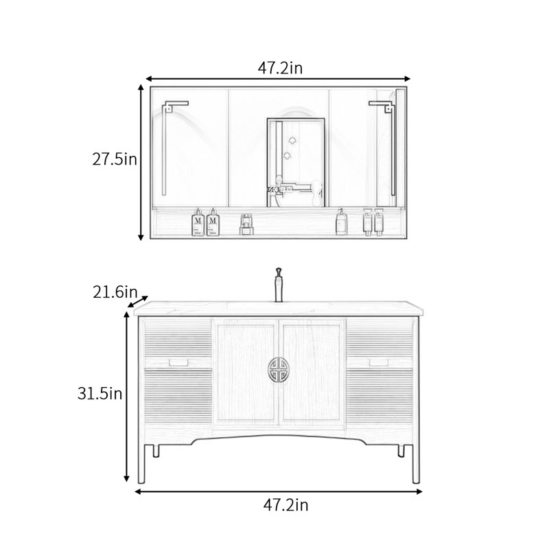 Retro simple and light luxury bathroom cabinet, 31.5" H x 47.2" W x 21.6" D