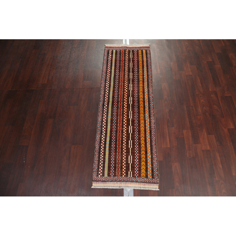 Tapis de couloir brun en laine noué à la main de conception unique 2 pi 2 po x 6 pi 1 po